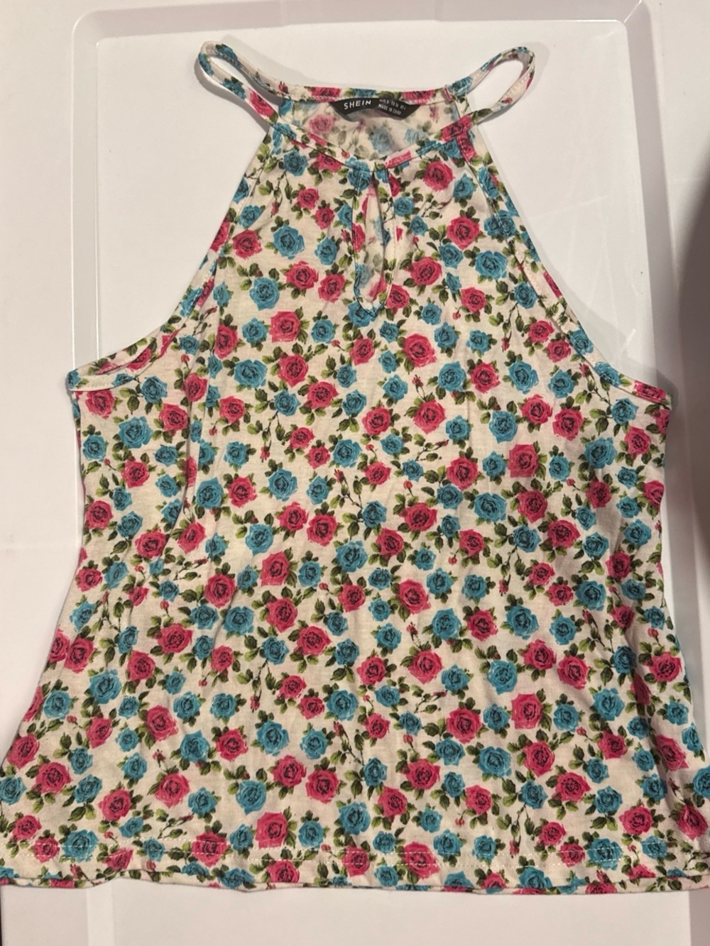 SHEIN Floral Halter Tank Top in Cream with Pink & Blue Roses